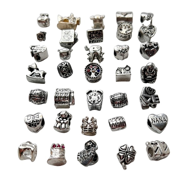 35 Themed European Charm Beads in Silverplate Set of 35 All Different! - Picture 2 of 2